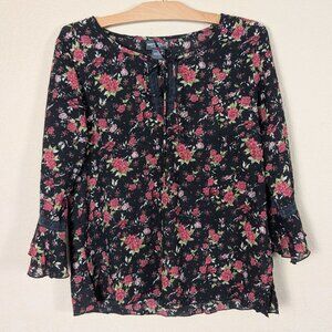 VTG Y2K Notations Women's Dark Floral Blouse M Fairy Whimsygoth 3/4 Bell Sleeve